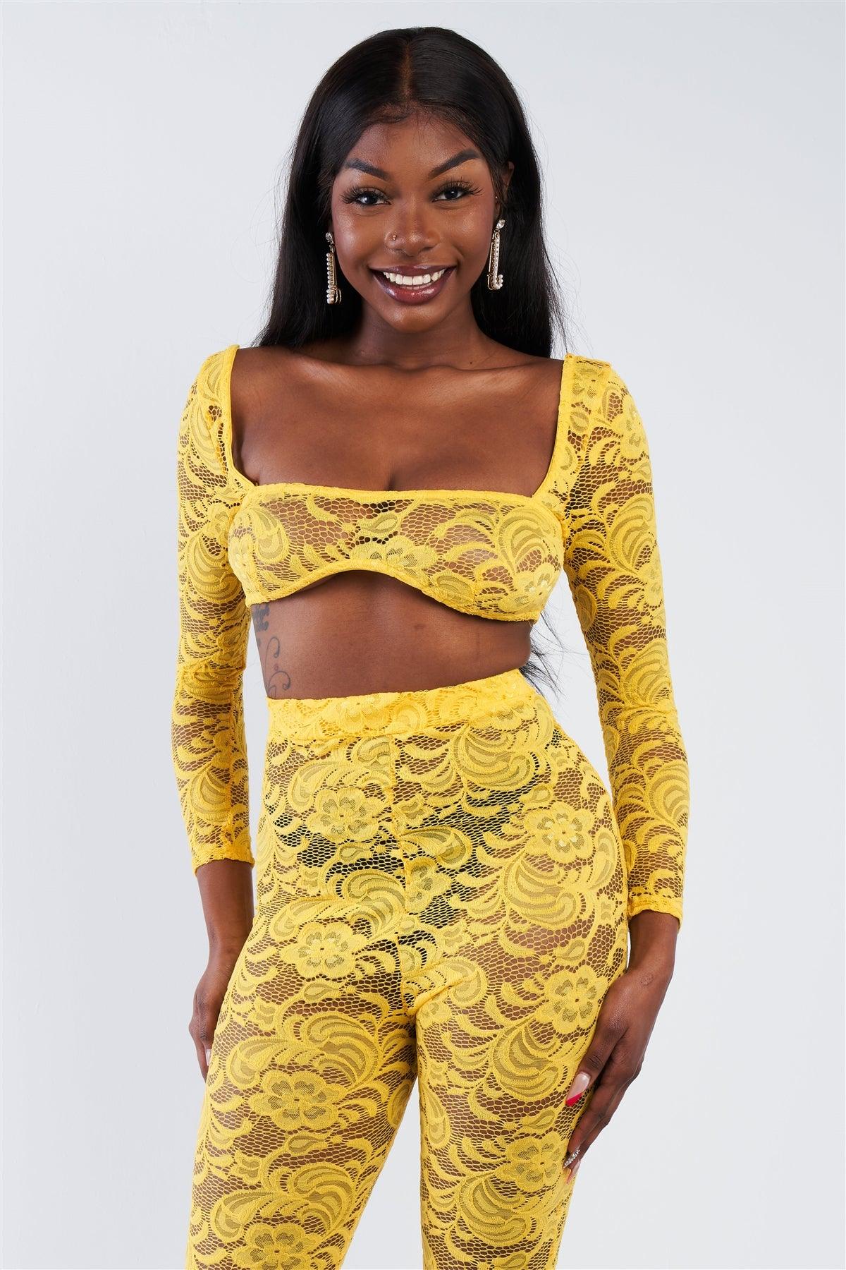 Yellow Sheer Floral Lace Crop Square Neck Top & High Waist Flare Pant Set /3-2-1