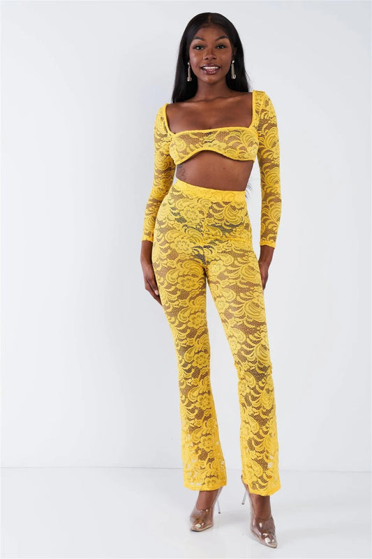 Yellow Sheer Floral Lace Crop Top & Flare Pant Set - Tasha Apparel Wholesale