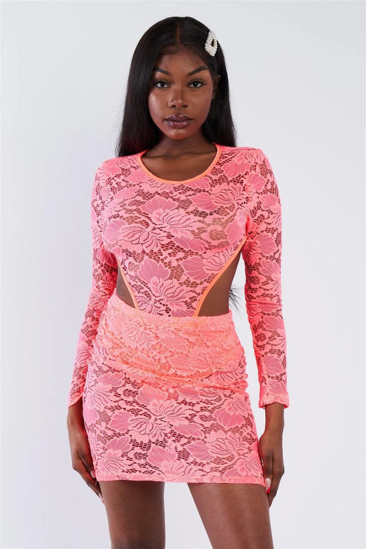Neon Pink Sheer Floral Lace Open Back Mini Dress - Tasha Apparel Wholesale