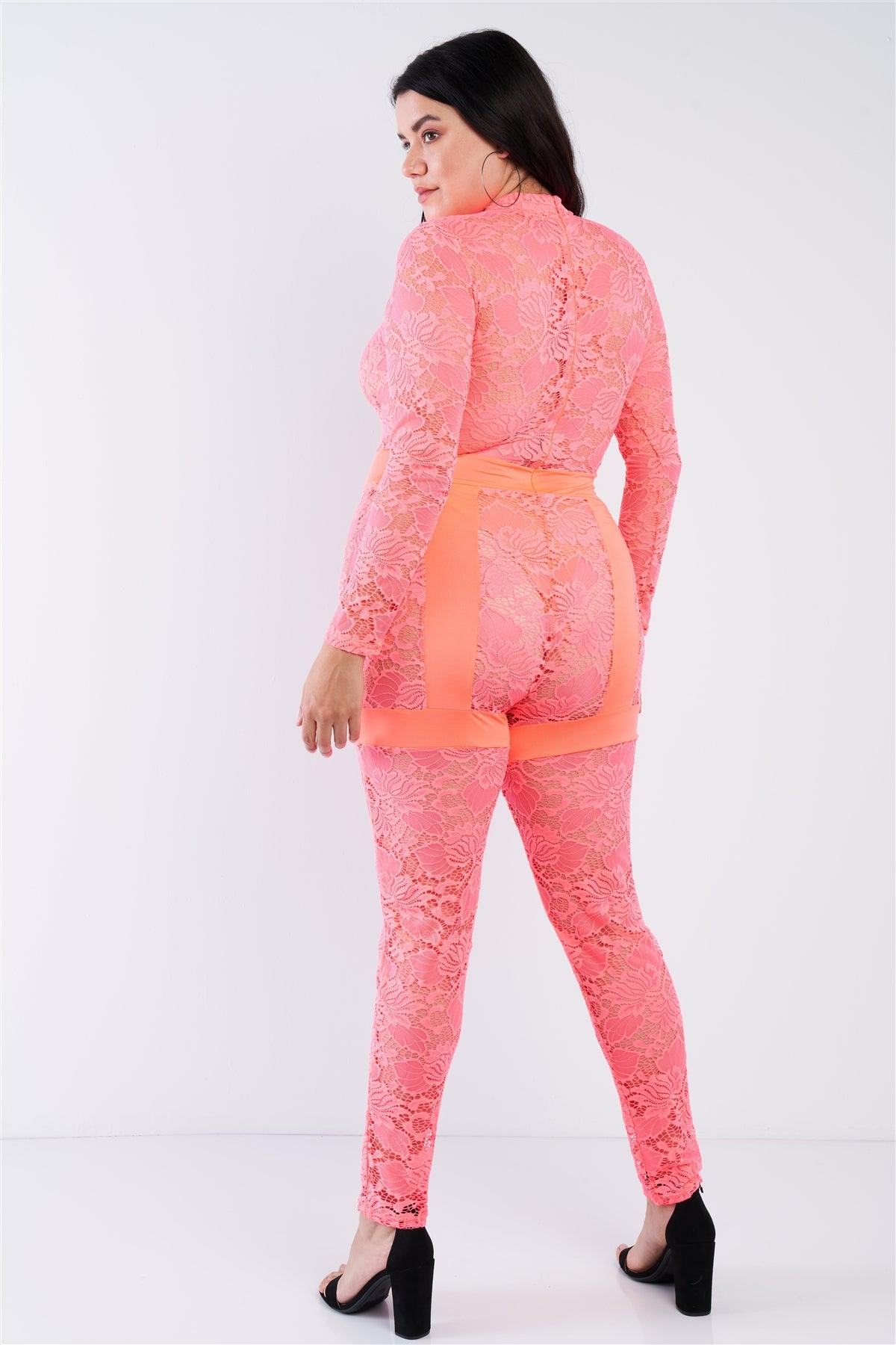 Junior Plus Size Neon Pink Floral Lace Color Block Mock Neck Jumpsuit