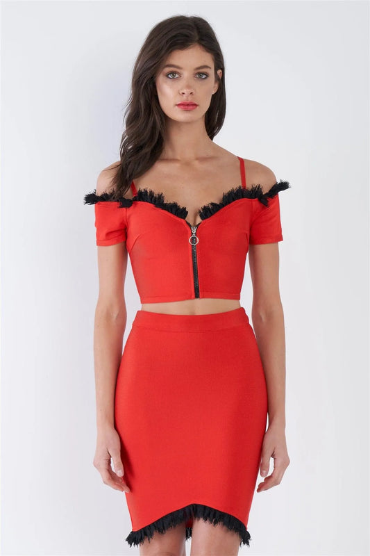 Red Off-The Shoulder Crop & Eyelash Lace Trim Asymmetrical Mini Skirt Set /2-2-2 - Tasha Apparel Wholesale