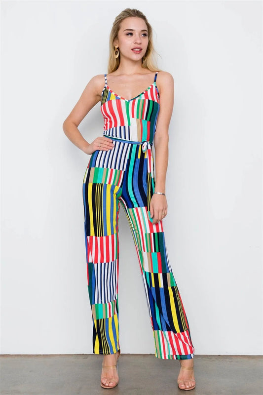 Multi Blue Color Block Cami Bodycon Wide Leg Jumpsuit / 2-2-2 - Tasha Apparel Wholesale