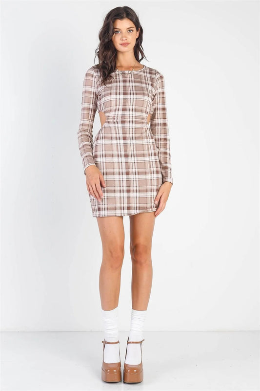 Brown &White Plaid Print Cut-Out Long Sleeve Dress /3-2-1 - Tasha Apparel Wholesale
