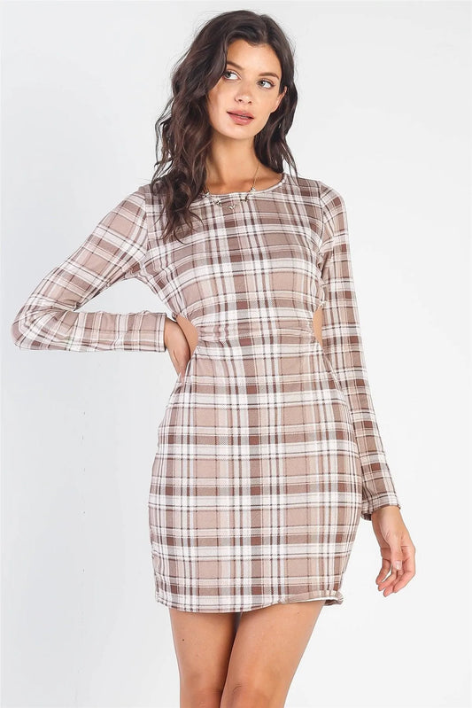 Brown &White Plaid Print Cut-Out Long Sleeve Dress /4-2-1 - Tasha Apparel Wholesale