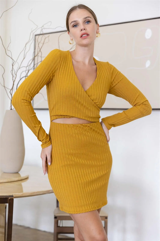 Mustard Ribbed Cut-Out Wrap V-Neck Long Sleeve Mini Dress /2-2-1 - Tasha Apparel Wholesale