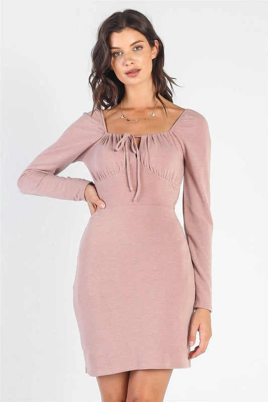 Dusty-Mauve Bust Self-Tie Cut-Out Long Sleeve Mini Dress /3-2-1 - Tasha Apparel Wholesale