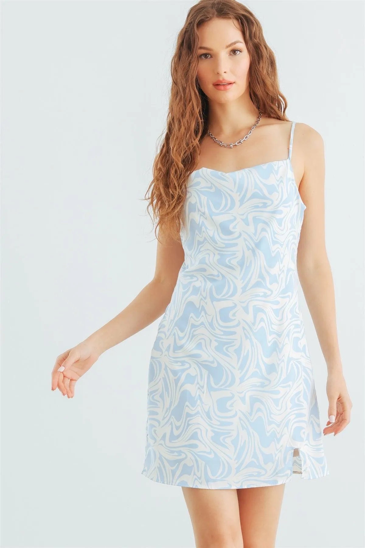Ivory & Blue Abstract Cowl Neck Strappy Mini Dress /3-2-1 - Tasha Apparel Wholesale
