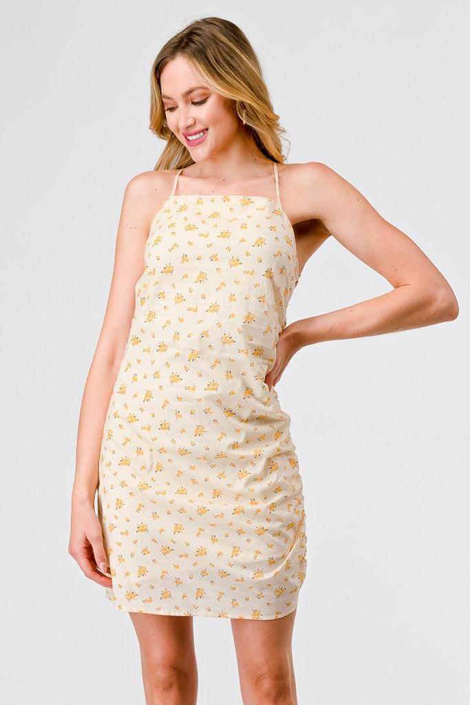 Yellow Ditsy Cotton Strappy Ruched Mini Dress /3-2-1