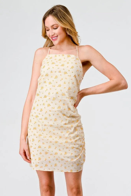 Yellow Ditsy Cotton Strappy Ruched Mini Dress /3-2-1 - Tasha Apparel Wholesale