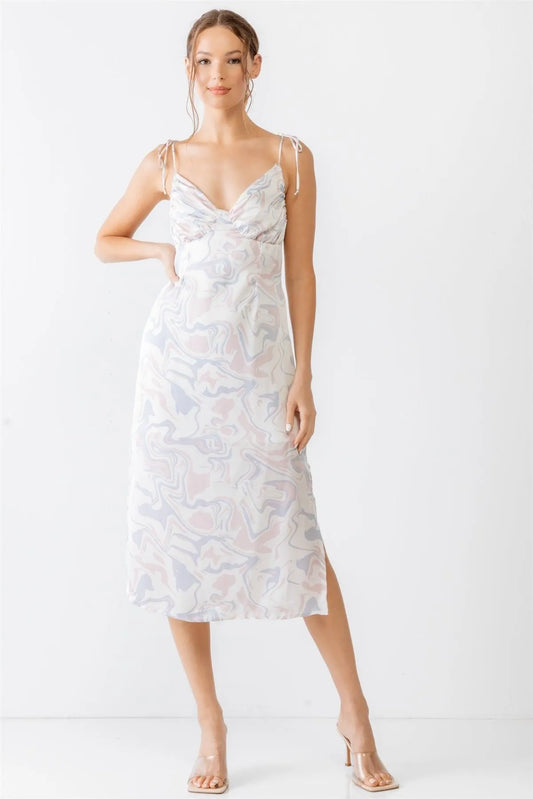 Lilac Blue Abstract Satin Sleeveless Strappy Midi Dress /3-2-1 - Tasha Apparel Wholesale