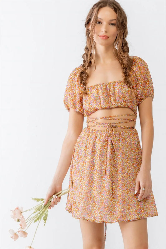 Yellow & Orange Flower Lace Down Puff Short Sleeve Mini Dress /3-2-1 - Tasha Apparel Wholesale