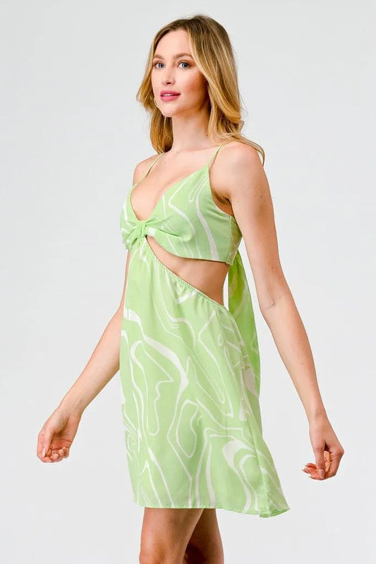 Lime & White Abstract Knot Cut-Out Side Mini Dress /3-2-1 - Tasha Apparel Wholesale