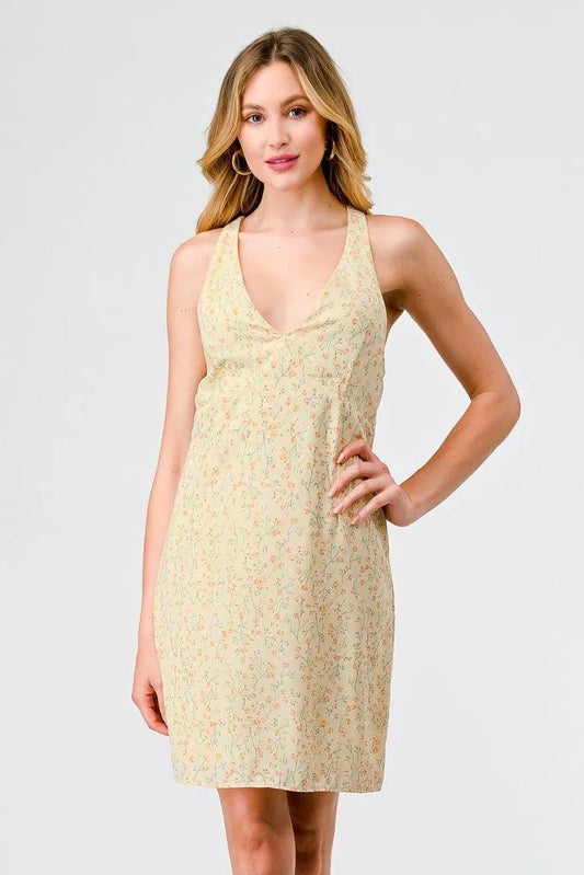 Yellow Floral Sleeveless V-Neck Criss-Cross Back Mini Dress /3-2-1 - Tasha Apparel Wholesale