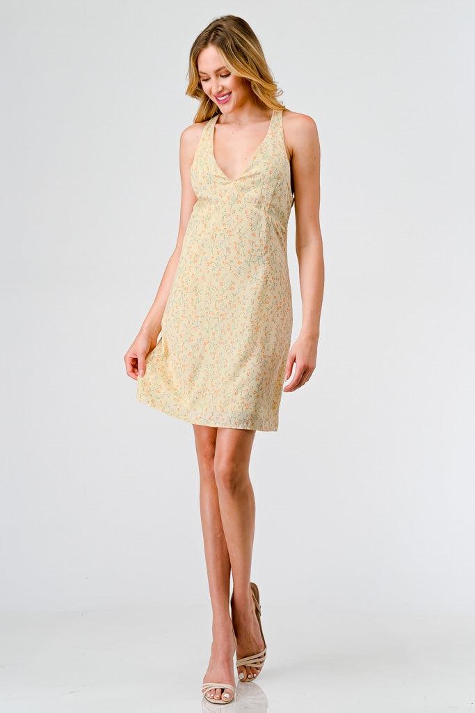 Yellow Floral Sleeveless V-Neck Criss-Cross Back Mini Dress /3-2-1