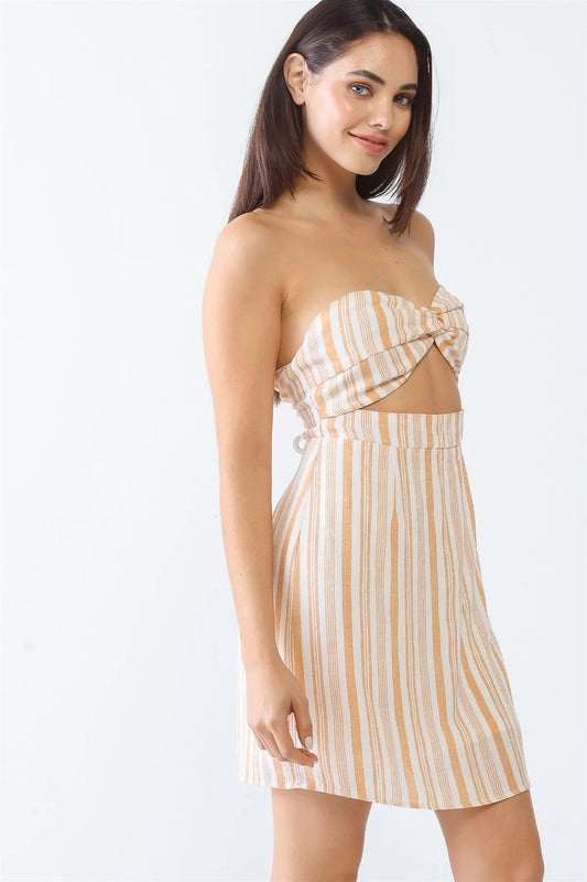 White & Apricot Stripe Print Strapless Twist Cut-Out Smocked Back Mini Dress /2-2-1 - Tasha Apparel Wholesale