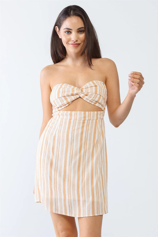 White & Apricot Stripe Print Strapless Twist Cut-Out Smocked Back Mini Dress /3-2-1 - Tasha Apparel Wholesale