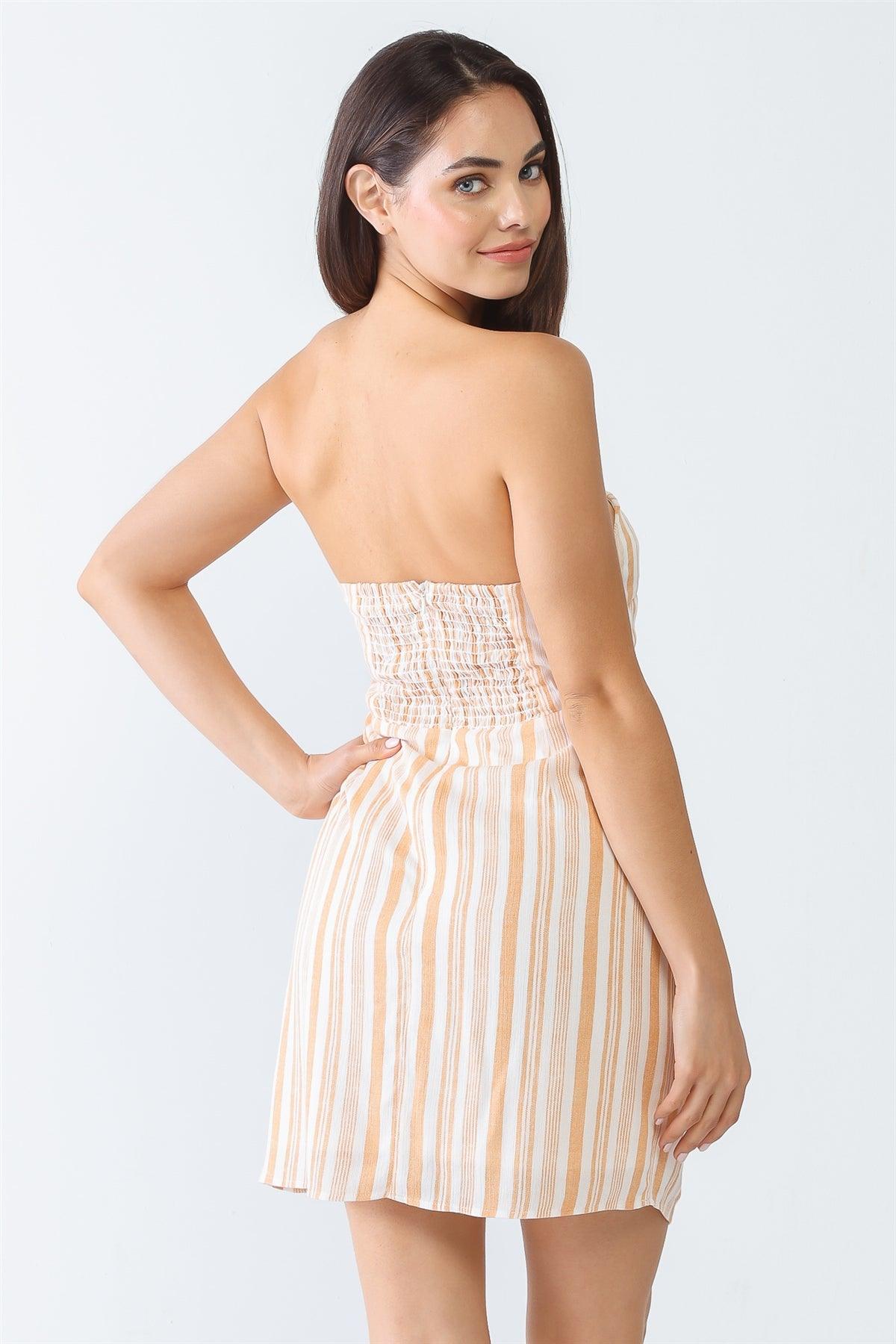 White & Apricot Stripe Print Strapless Twist Cut-Out Smocked Back Mini Dress /3-2-1