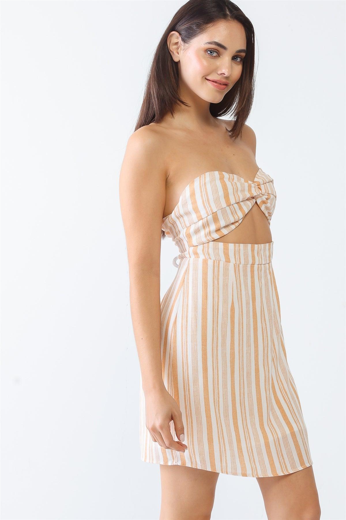 White & Apricot Stripe Print Strapless Twist Cut-Out Smocked Back Mini Dress /3-2-1