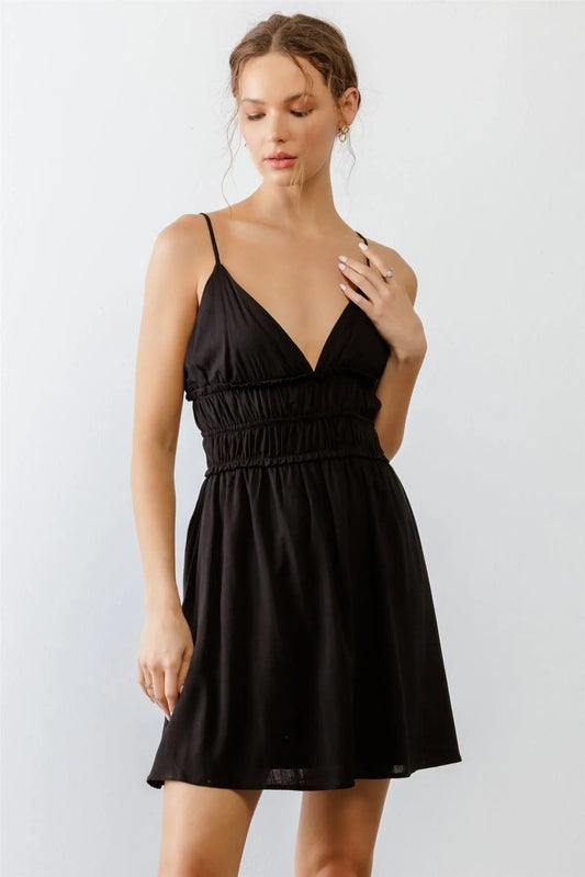 Black Sleeveless Smocked Ruffle Trim Strappy Mini Dress /3-2-1 - Tasha Apparel Wholesale