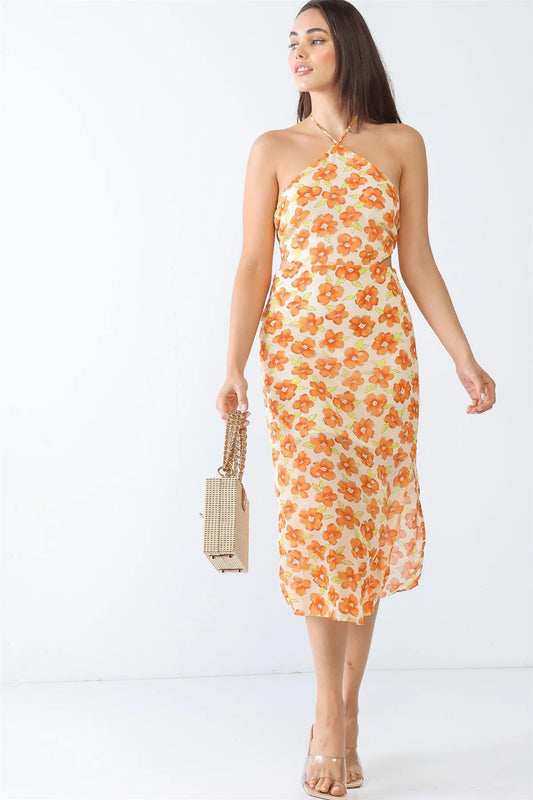 Ivory & Orange Floral Print Sleeveless Halter Neck Midi Dress /1-1-1 - Tasha Apparel Wholesale