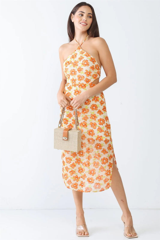 Ivory & Orange Floral Print Sleeveless Halter Neck Midi Dress /3-2-1 - Tasha Apparel Wholesale