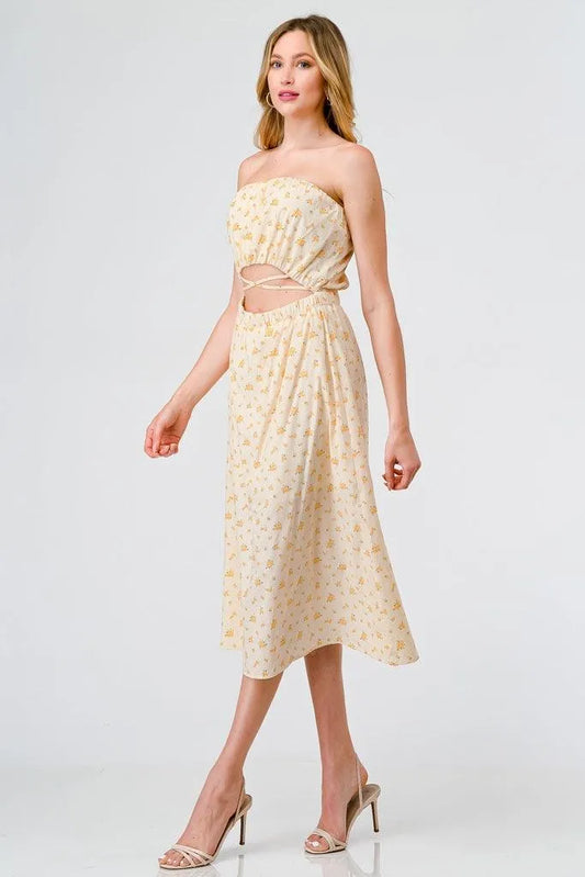Yellow Ditsy Cotton Strapless Cut-Out Midi Dress /3-2-1 - Tasha Apparel Wholesale