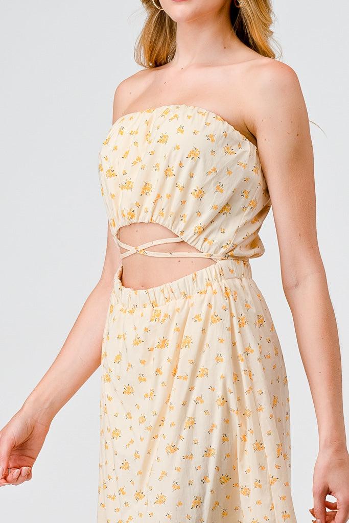 Yellow Ditsy Cotton Strapless Cut-Out Midi Dress /3-2-1