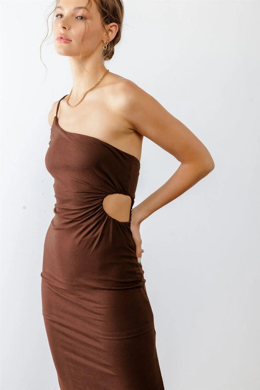Brown One Shoulder Cut-Out Side Midi Dress /4-3 - Tasha Apparel Wholesale