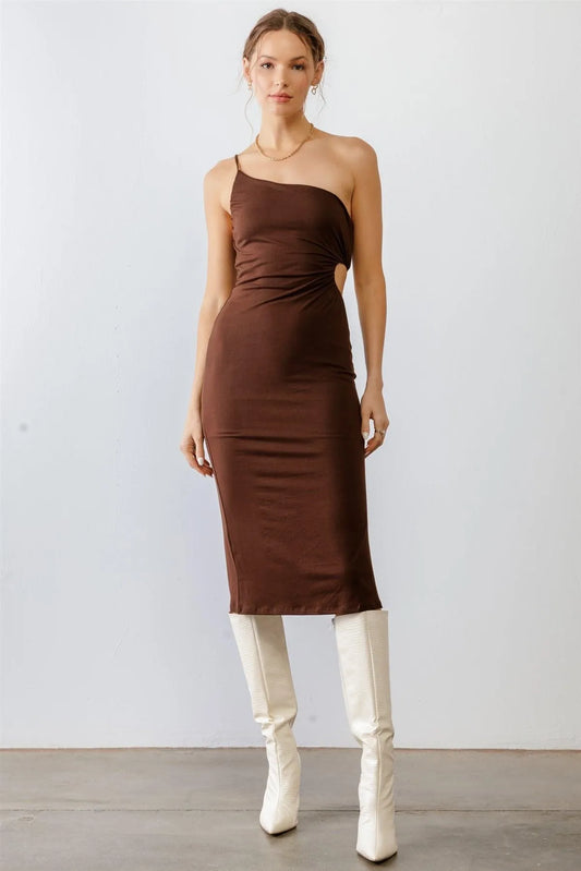 Brown One Shoulder Cut-Out Side Midi Dress /3-2-1 - Tasha Apparel Wholesale