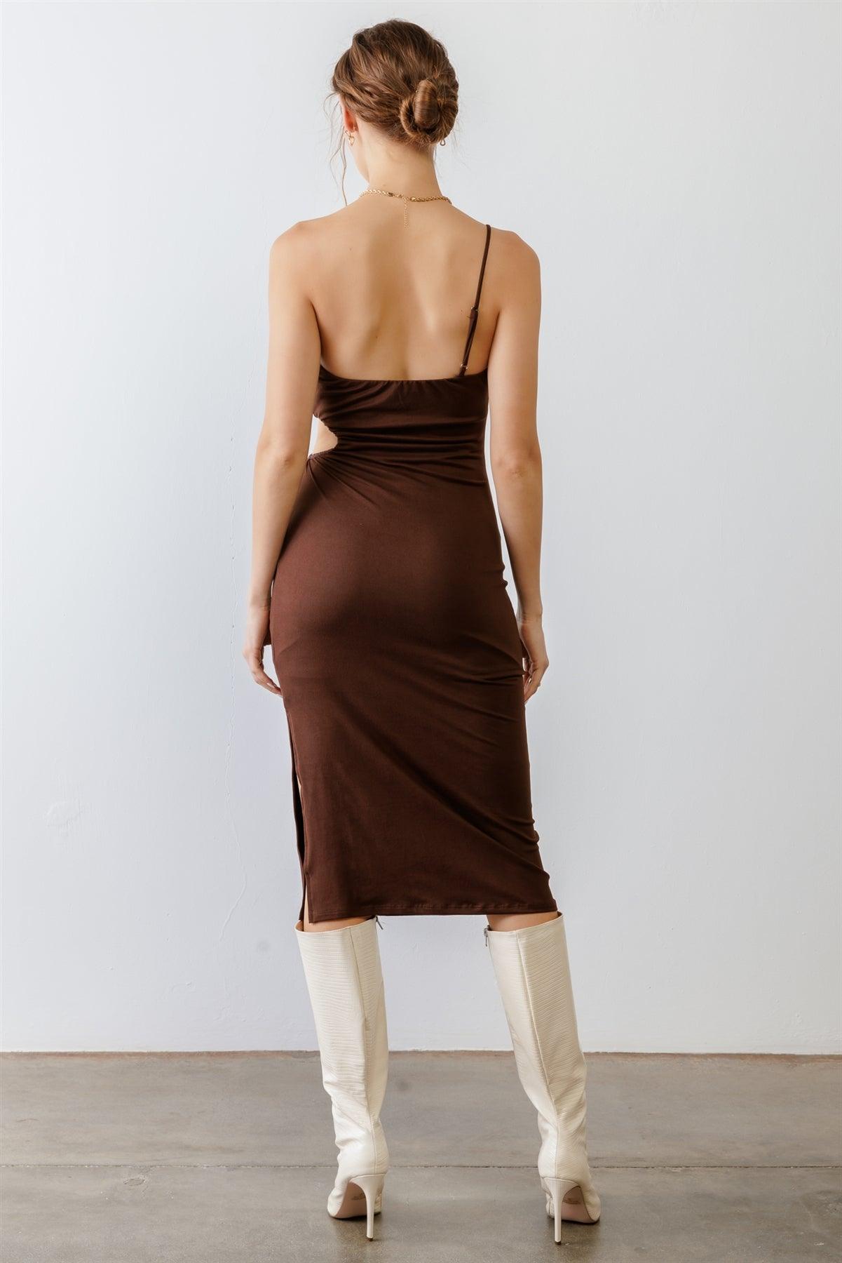 Brown One Shoulder Cut-Out Side Midi Dress /3-2-1