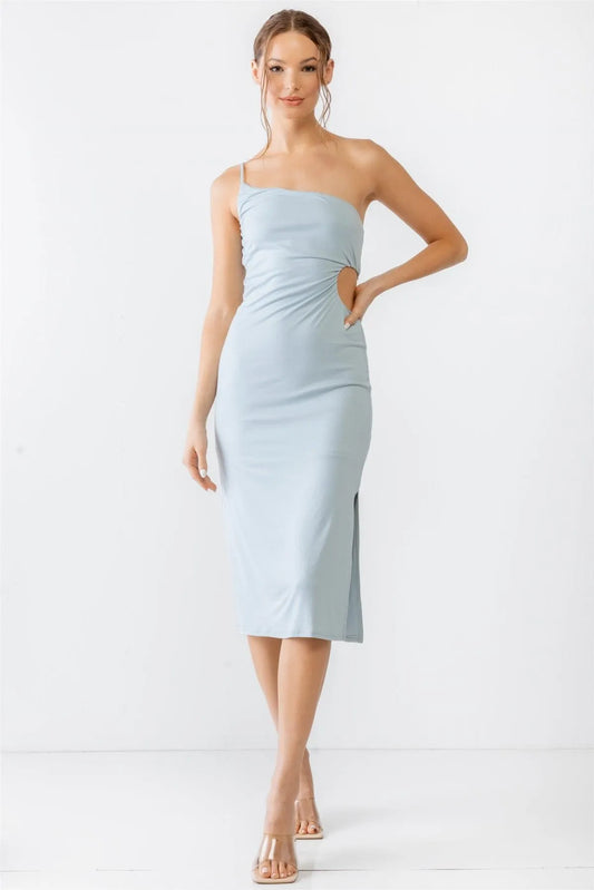 Light Blue One Shoulder Cut-Out Side Midi Dress /3-2-1 - Tasha Apparel Wholesale