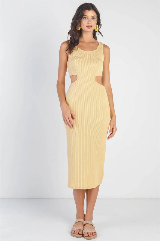 Yellow Ribbed Cut-Out Detail Midi Dress /3-2-1 - Tasha Apparel Wholesale