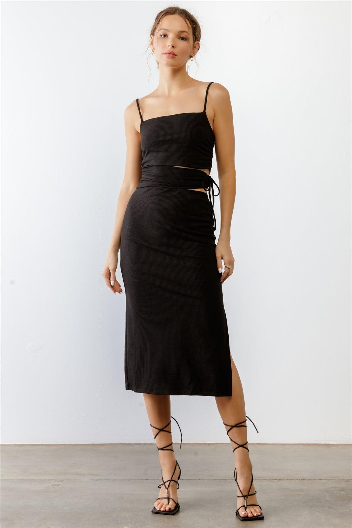 Wholesale clothing - Black Ribbed Cut-Out Drawstring Detail Strappy Midi Dress /3-2-1