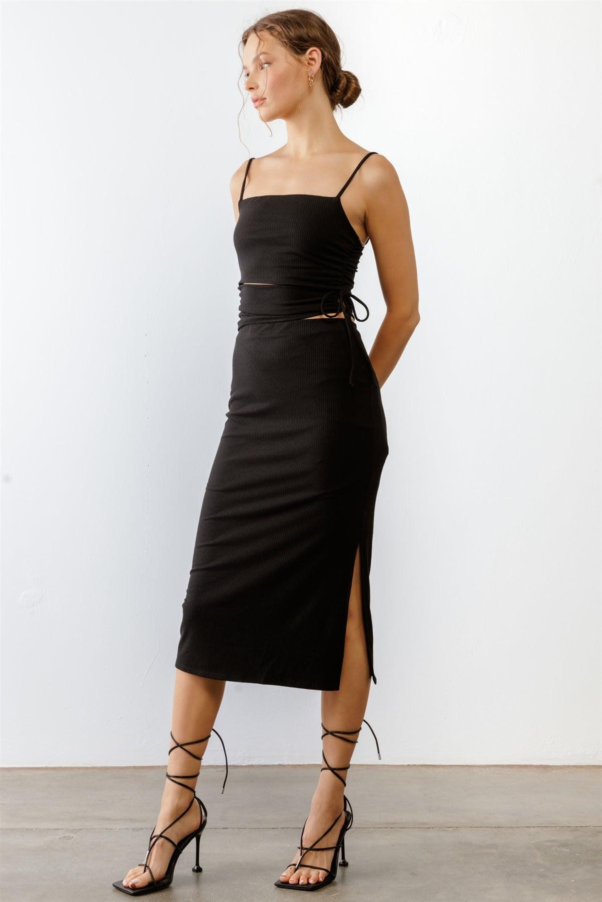 Black Ribbed Cut-Out Drawstring Detail Strappy Midi Dress /3-2-1