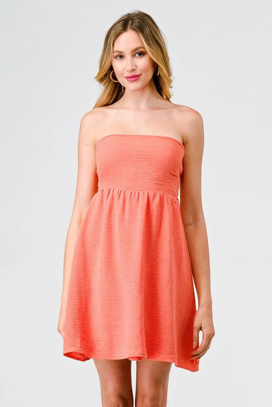 Coral Textured Strapless Tie Back Mini Dress /3-2-1 - Tasha Apparel Wholesale