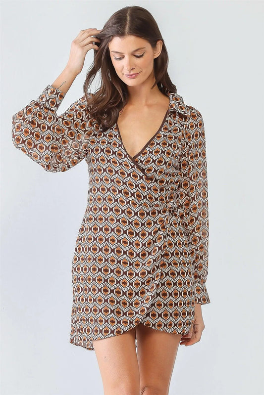 Retro Printed Wrap Self-Tie Long Sleeve Mini Dress - Tasha Apparel Wholesale