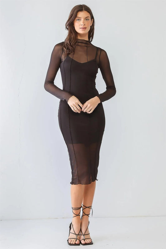 Black Sheer Mesh Inside-Out Detail Long Sleeve Midi Dress /1-2-2-1 - Tasha Apparel Wholesale