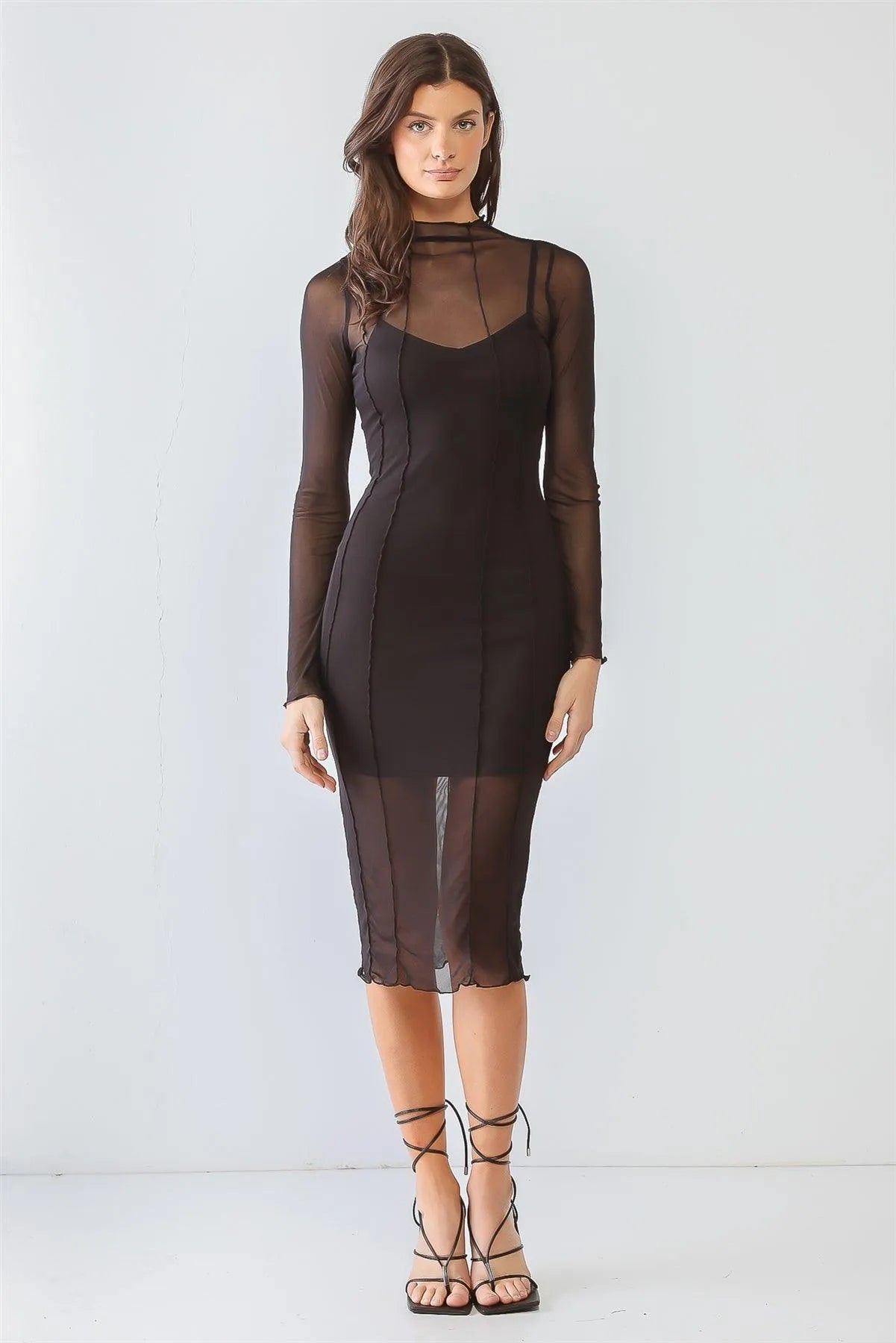 Wholesale Black Sheer Mesh Inside-Out Detail Long Sleeve Midi Dress /1