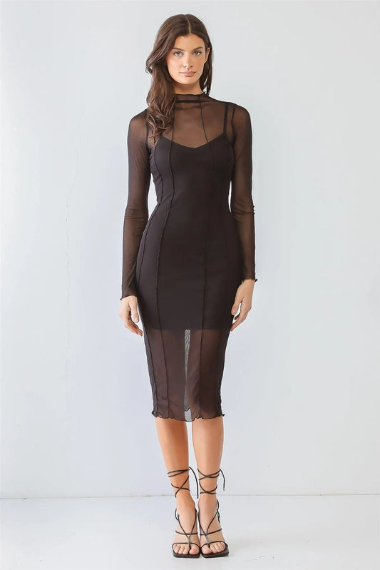 Black Sheer Mesh Inside-Out Detail Long Sleeve Midi Dress /1-3-1-1 - Tasha Apparel Wholesale
