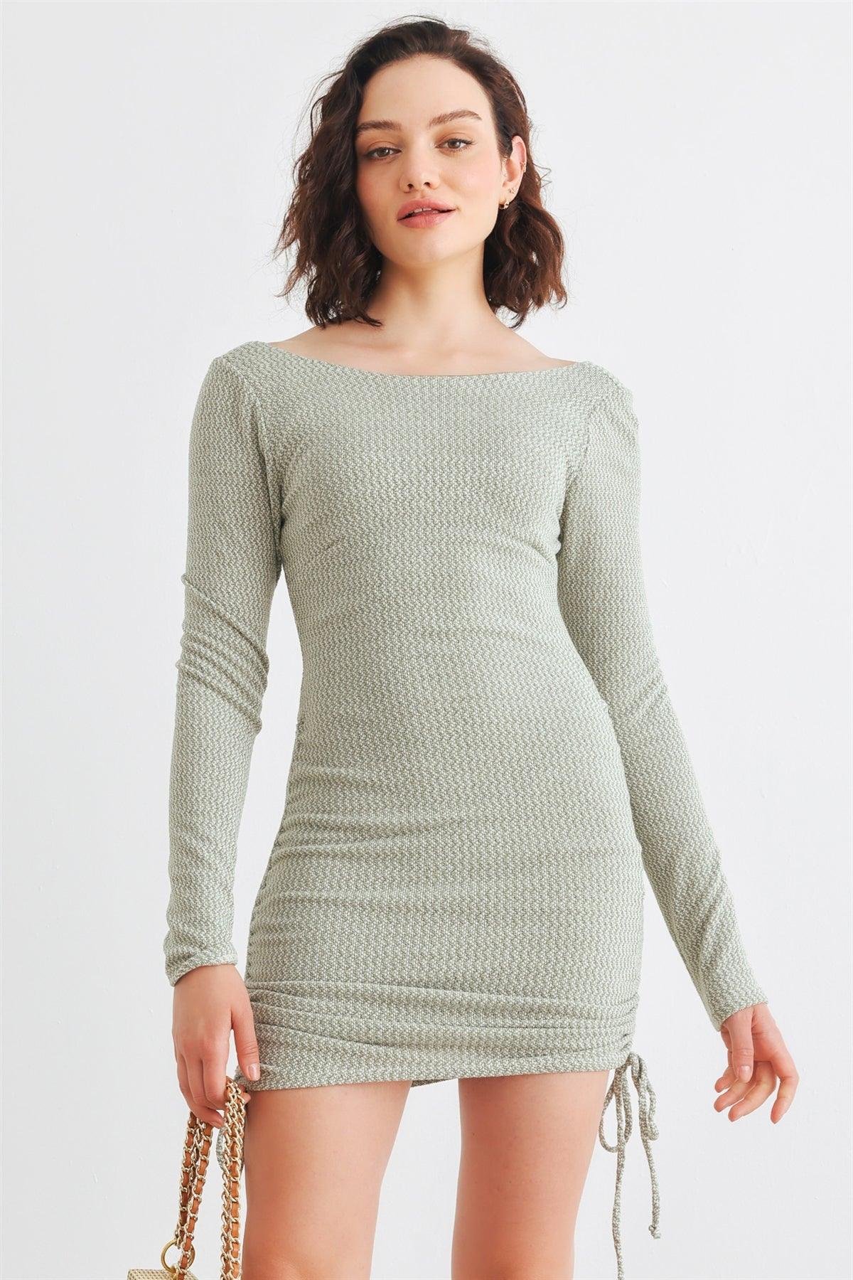 Olive & White Knit Long Sleeve Ruched Mini Dress /1-2-2-1