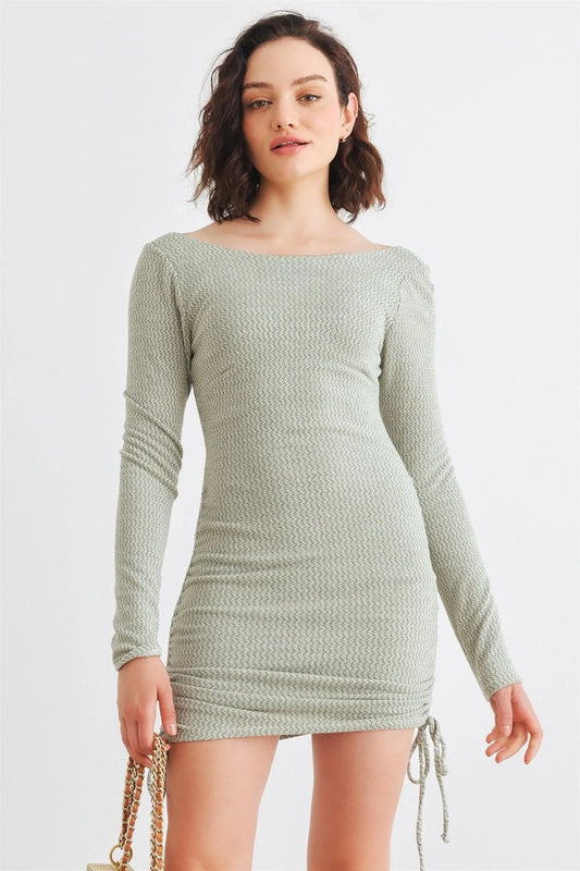 Olive & White Knit Long Sleeve Ruched Mini Dress /1-3-2-1 - Tasha Apparel Wholesale