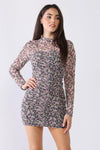 Pink Floral Print Mesh Ruched Mock Neck Long Sleeve Mini Dress /1-2-2-1