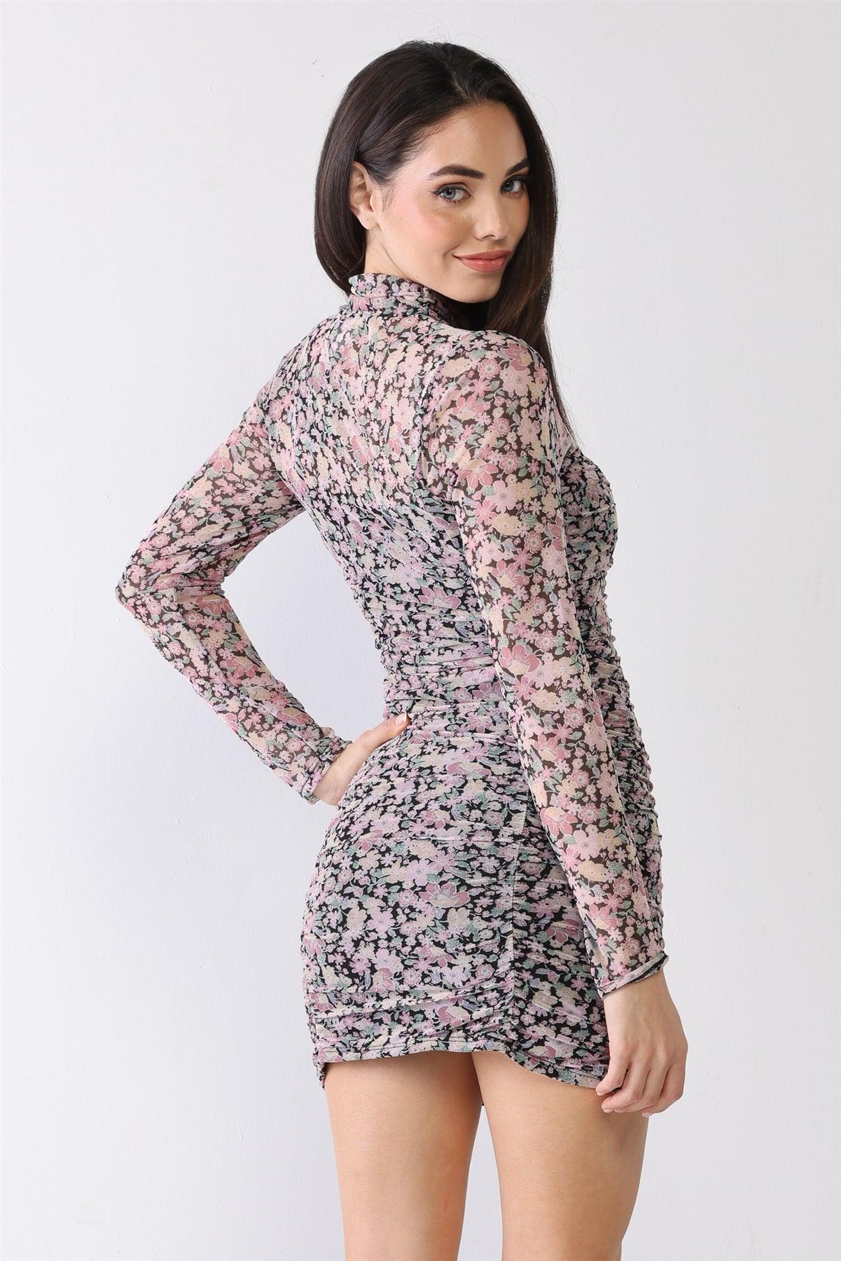 Pink Floral Print Mesh Ruched Mock Neck Long Sleeve Mini Dress /1-1-2-1