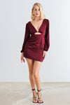 Burgundy Satin V-Neck Puff Long Sleeve Cut-Out Mini Dress /1-2-2-1