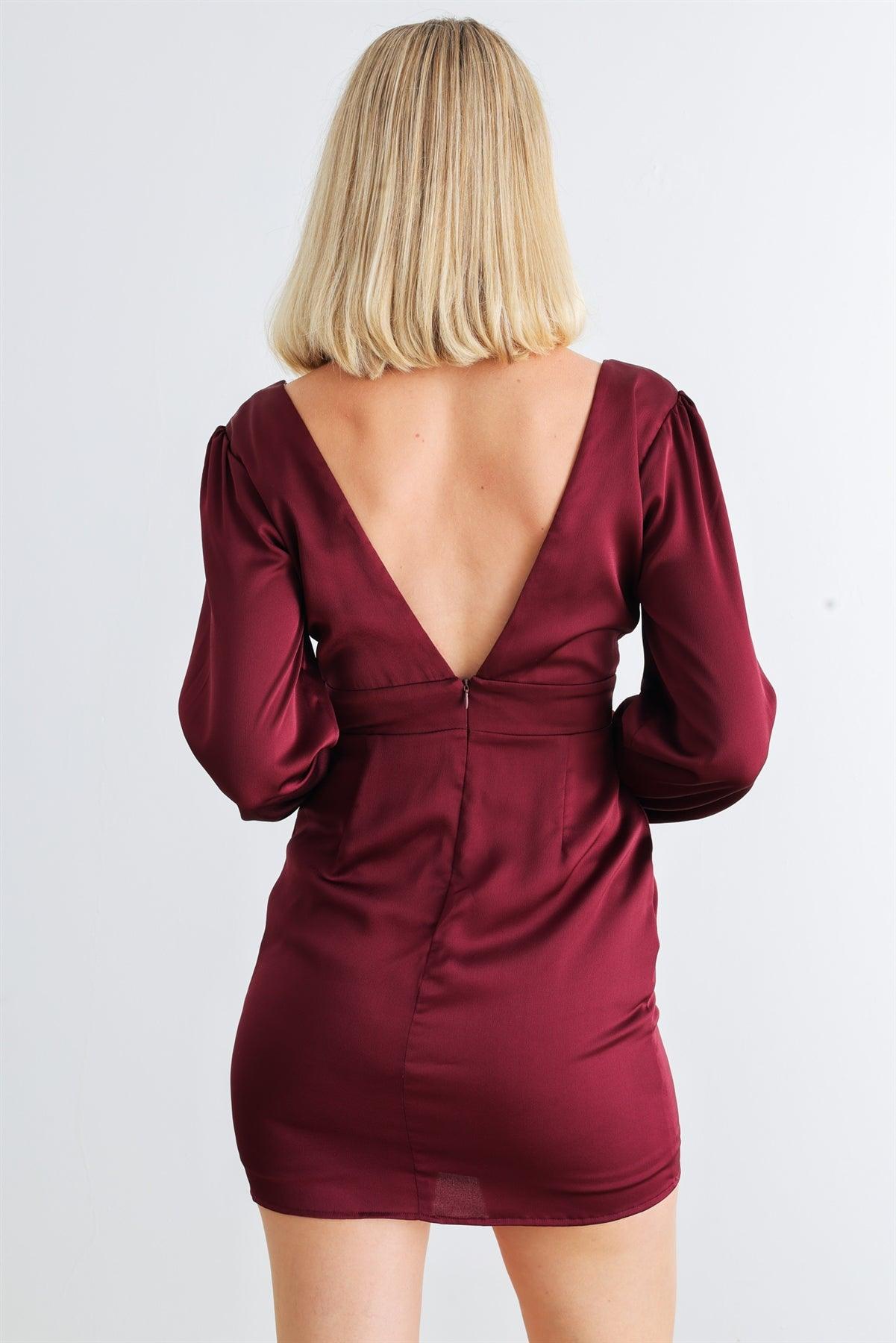 Burgundy Satin V-Neck Puff Long Sleeve Cut-Out Mini Dress /1-2-2-1