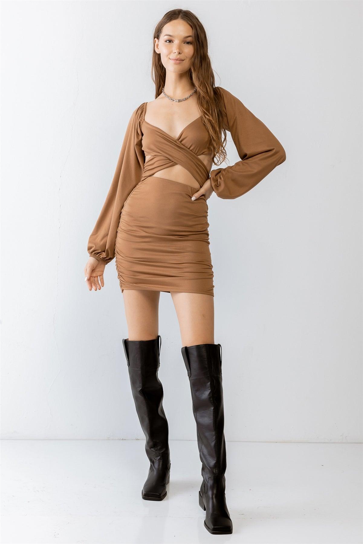 Toffee Criss-Cross Around Self-Tie Detail Cut-Out Style Wrap Neck Mini Dress /1-2-2-1