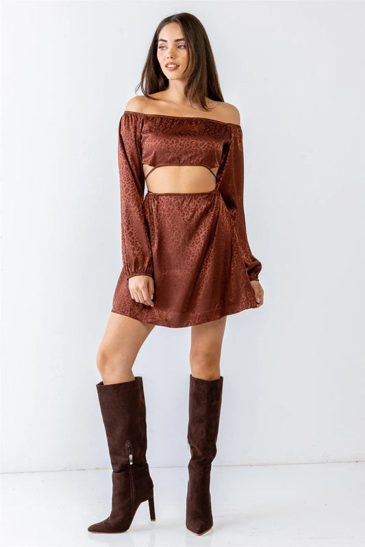 Chocolate Leopard Print Satin Off-The-Shoulder Open Front Mini Dress /1-1-1-1 - Tasha Apparel Wholesale