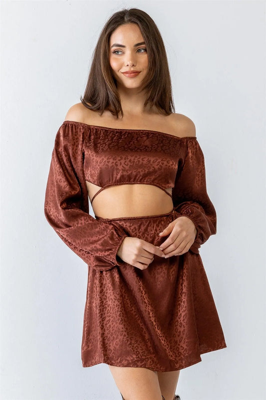 Leopard Satin Off-The-Shoulder Open Front Mini Dress - Tasha Apparel Wholesale