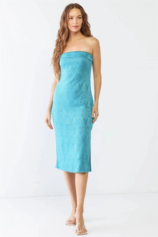Magenta & Jade Geo Print Strapless Side Slit Midi Dress - Tasha Apparel Wholesale