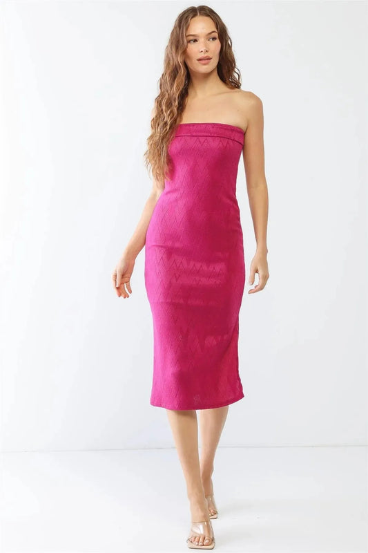 Magenta & Jade Geo Print Strapless Side Slit Midi Dress - Tasha Apparel Wholesale